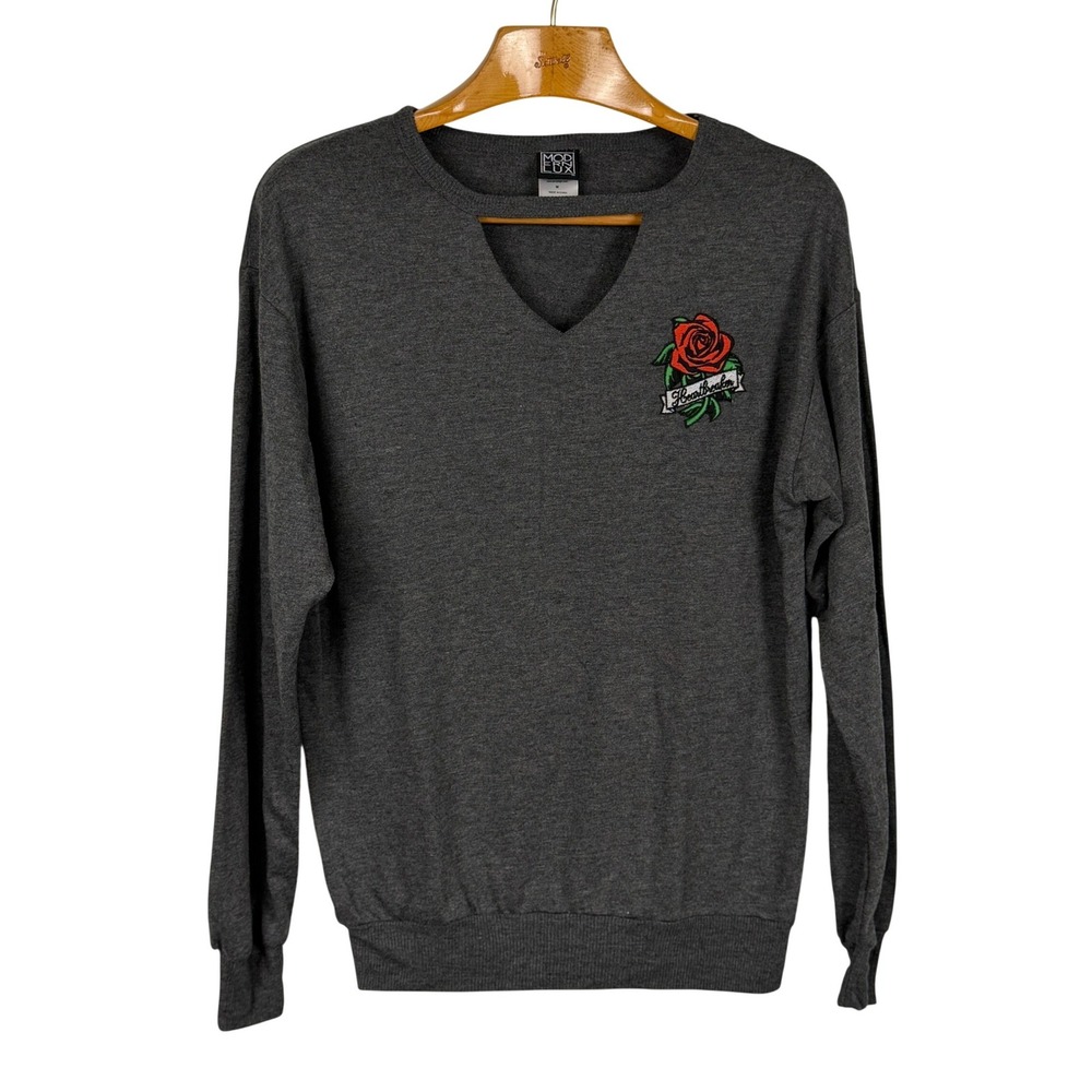Modern Lux Top Heartbreaker Rose Cutout Neck M Gray Long Sleeve